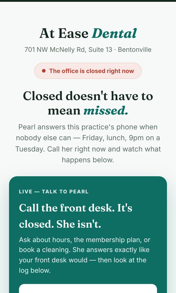 Pearl after-hours dental front desk demo